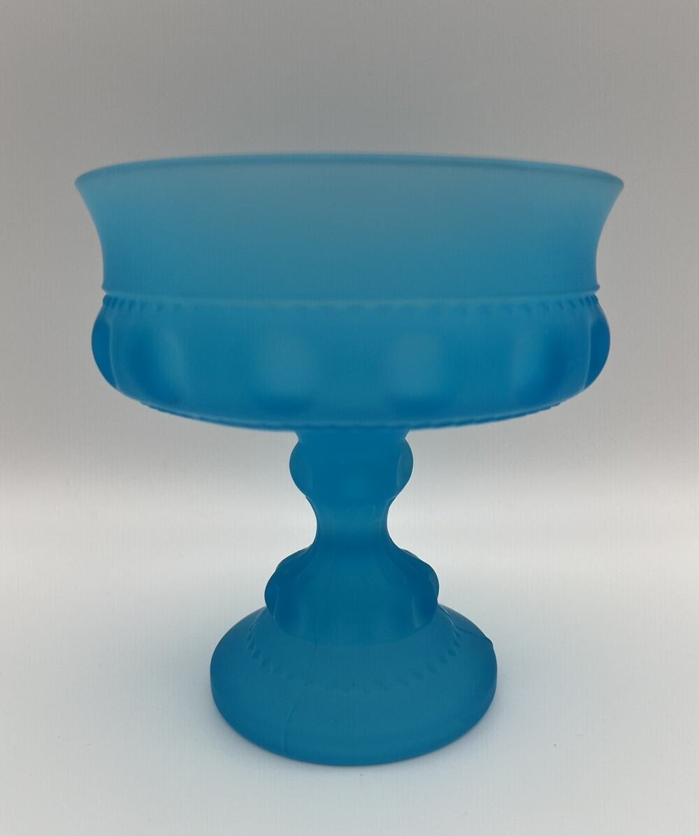 Indiana Glass Blue Satin Frosted Kings Crown Thumbprint Compote Candy Dish VNTG